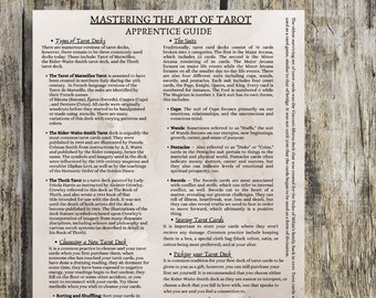 May include: A close-up of a page from a book about tarot cards. The page is beige with brown text and black bullet points. The text discusses the different types of tarot decks, including the Rider-Waite-Smith, Tarot of Marseilles, and Thoth decks. The text also discusses the suits of tarot cards, including Cups, Wands, Pentacles, and Swords.