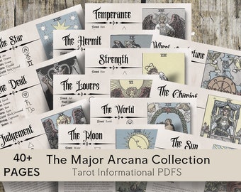 May include: A collection of tarot cards with illustrations and descriptions of each card. The cards are arranged in a collage with the text "40+ PAGES The Major Arcana Collection Tarot Informational PDFs".