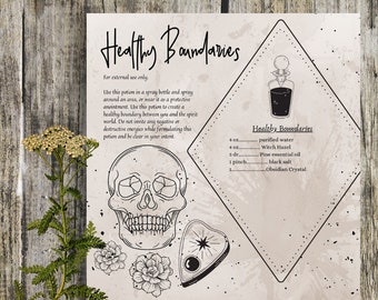 May include: A black and white illustration of a skull and a pentagram with a black crystal inside. The image is on a beige background with text that reads "Healthy Boundaries" and includes a list of ingredients for a potion: 4 oz purified water, 4 oz Witch Hazel, 3 drops Pine essential oil, 1 pinch black salt, 1 Obsidian Crystal.
