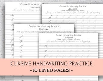 May include: Cursive handwriting practice worksheets with 10 lined pages. The worksheets feature uppercase and lowercase letters with the phrase "the quick brown fox jumped over the lazy dog" printed at the top.