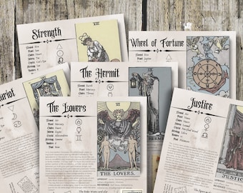 May include: A set of tarot cards with illustrations and descriptions of each card. The cards include Strength, The Hermit, The Lovers, Wheel of Fortune, and Justice.