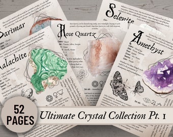 May include: A collection of printed pages featuring watercolor illustrations of crystals like Rose Quartz, Amethyst, and Malachite. The pages include information about each crystal, with the title "Ultimate Crystal Collection Pt. 1" and the number "52 PAGES" visible.