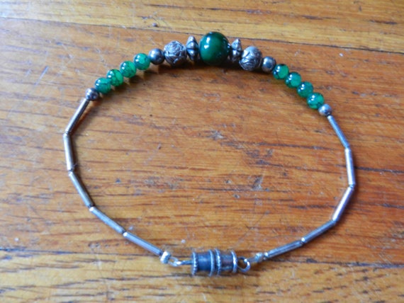 Vintage 80's Handmade Silver And Jade Green Bead … - image 2