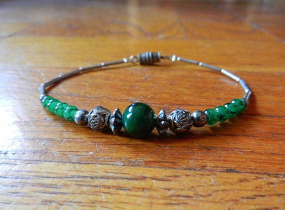 Vintage 80's Handmade Silver And Jade Green Bead … - image 1