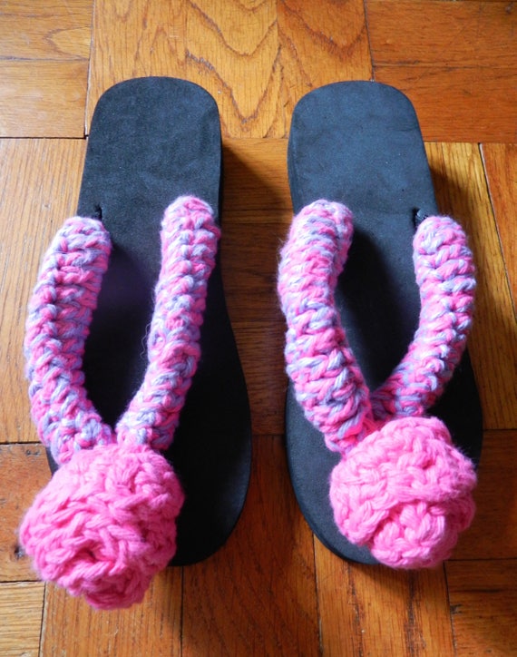 Retro Handmade Granny Chic Pink Crocheted Flip Flo