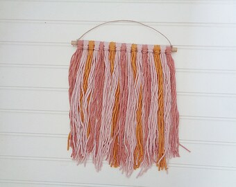 Yarn Wall Hanging - 9 Inch Pink, Dark Pink, Mustard Yellow