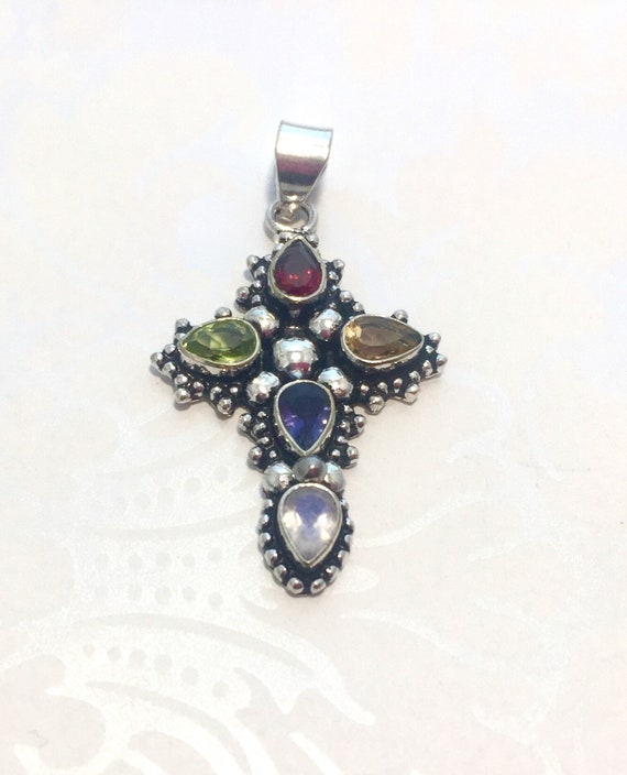 Genuine Multi Gemstones Sterling Silver Cross Pendant Wedding - Multi Gemstone Cross Pendant Genuine Multi Gemstones Sterling Silver Cross Pendant Wedding - Multi Gemstone Cross Pendant