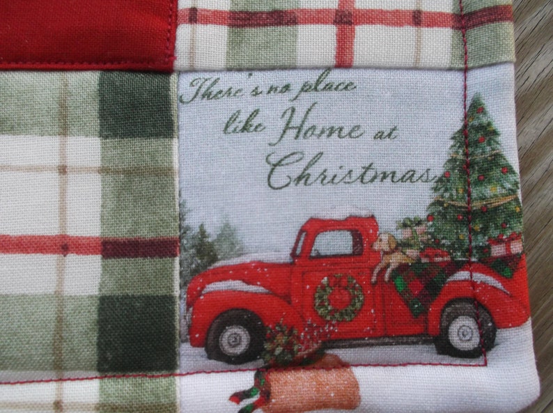 Christmas Plaid Red Truck Placemats, Cotton Quilted Placemats, Holiday