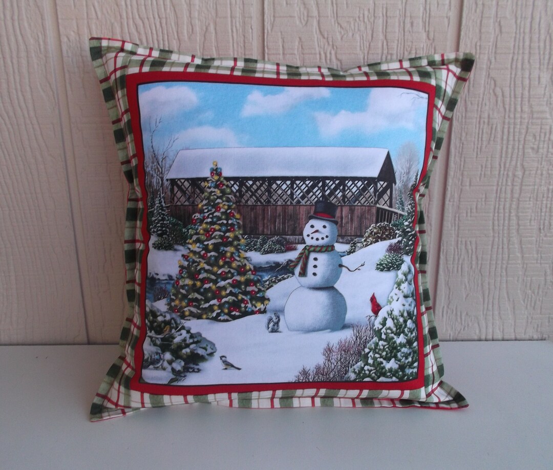 Country Christmas Brown Wood Bridge Pillow Cover, Snowman Winter Scene