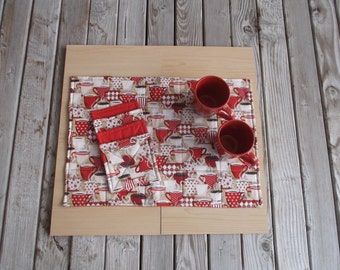 COFFEE ANYONE coffee station mat, cotton quilted mat set, coffee coasters, kitchen decor, coffee lover, 5 piece set