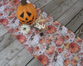 Fall pumpkin cotton table topper, Autumn quilted table runner, Thanksgiving decor, pumpkin decor, 35 inches