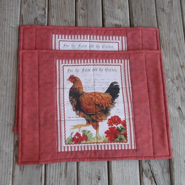 Hen cotton quilted placemats, poultry lover, Farm to Table decor, country farm, mix or match, set of 2