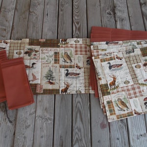 Fall cabin wildlife table gift set, TOTAL of 17 pieces, 8 napkins, 8 placemats, 1 table topper 42 inches, Thanksgiving decor, cabin decor