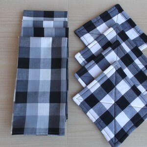 Black and white cotton check napkins and coasters, party table decor, housewarming gift, bridal gift, under 15 dollars,  set of 8