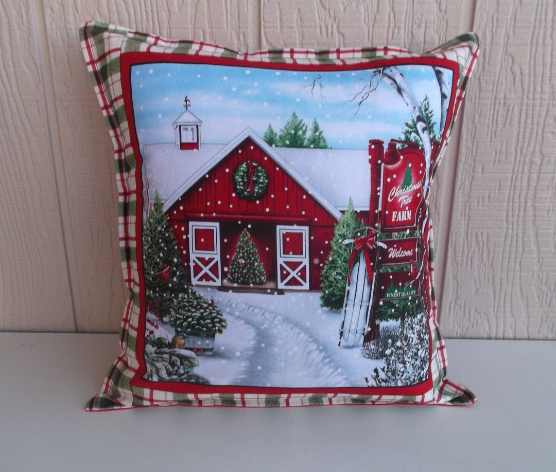 Country Christmas Red Barn Print Pillow Cover, Winter Scene Pillow