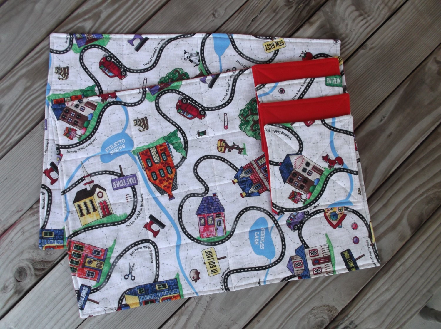 Childs Town Placemats Quilted Fabric Placemats Handmade - Etsy