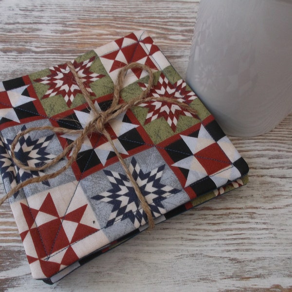 Americana cotton quilted coasters, Folk Art mug rugs, mug or bowl coasters, Mothers Day gift, set of 6