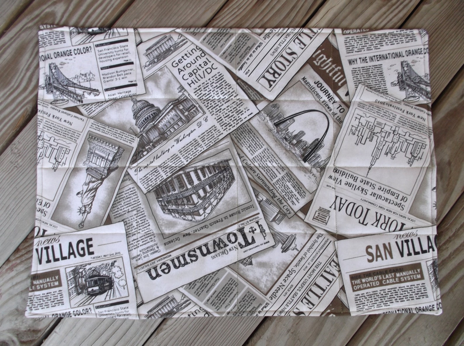 Sepia Newspaper Fabric Placemats Quilted Placemats Handmade Etsy