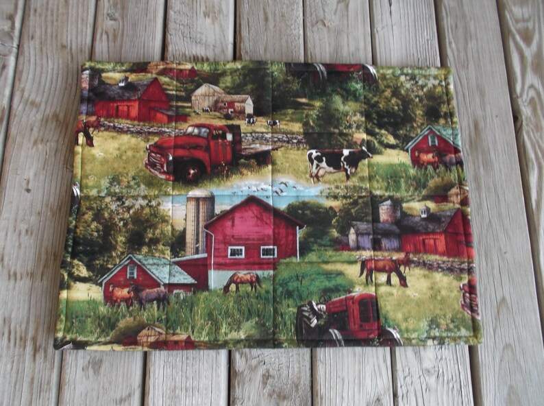 Red Farm Barn Cotton Rectangle Placemats, Red Truck Quilted Placemats