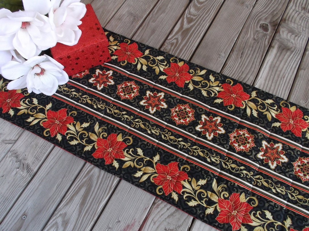 Christmas Red Poinsettia Table Runner, Quilted Table Runner, Handmade