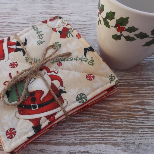 Peppermint Santa cotton quilted coasters. mug or bowl coaster, office gift, stocking stuffer, neighbor gift, under 10 dollars, set of 8