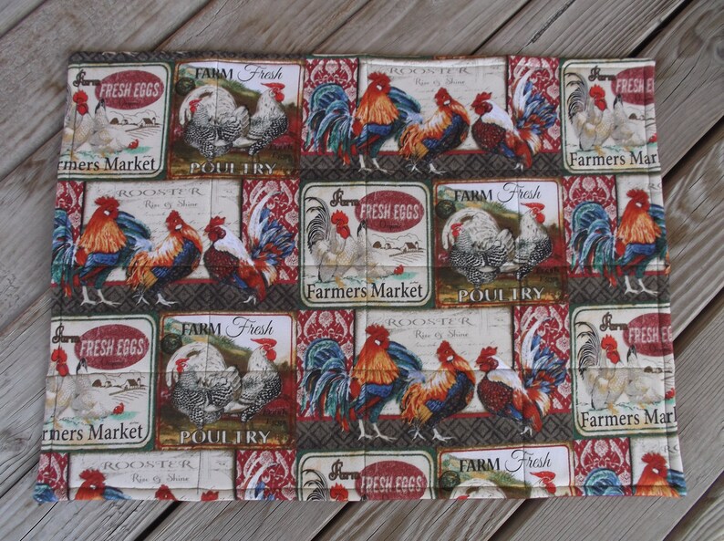 Fresh Farm Rooster Placemats, Fabric Placemats, Quilted Placemats, Farm