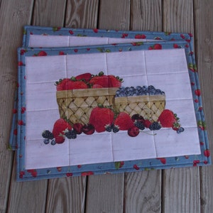 Berry cotton quilted placemats, assorted fruit kitchen decor, country kitchen, farmers market, fruit lovers, set of 2
