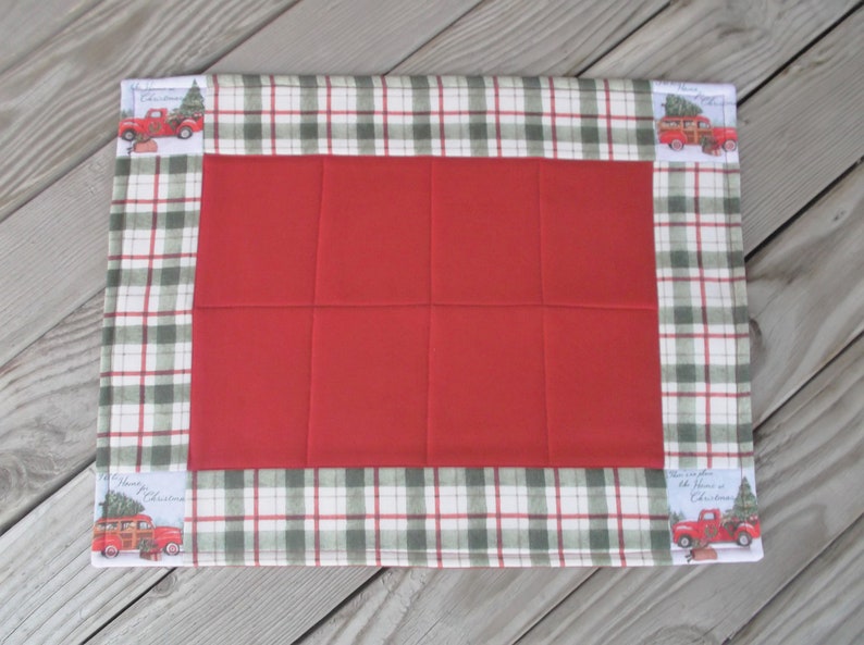 Christmas Plaid Red Truck Placemats, Cotton Quilted Placemats, Holiday