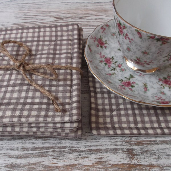 French country taupe gingham cotton quilted coasters, country cottage mug rugs or bowl coasters, Mothers Day gift, Bridal shower, set of 6