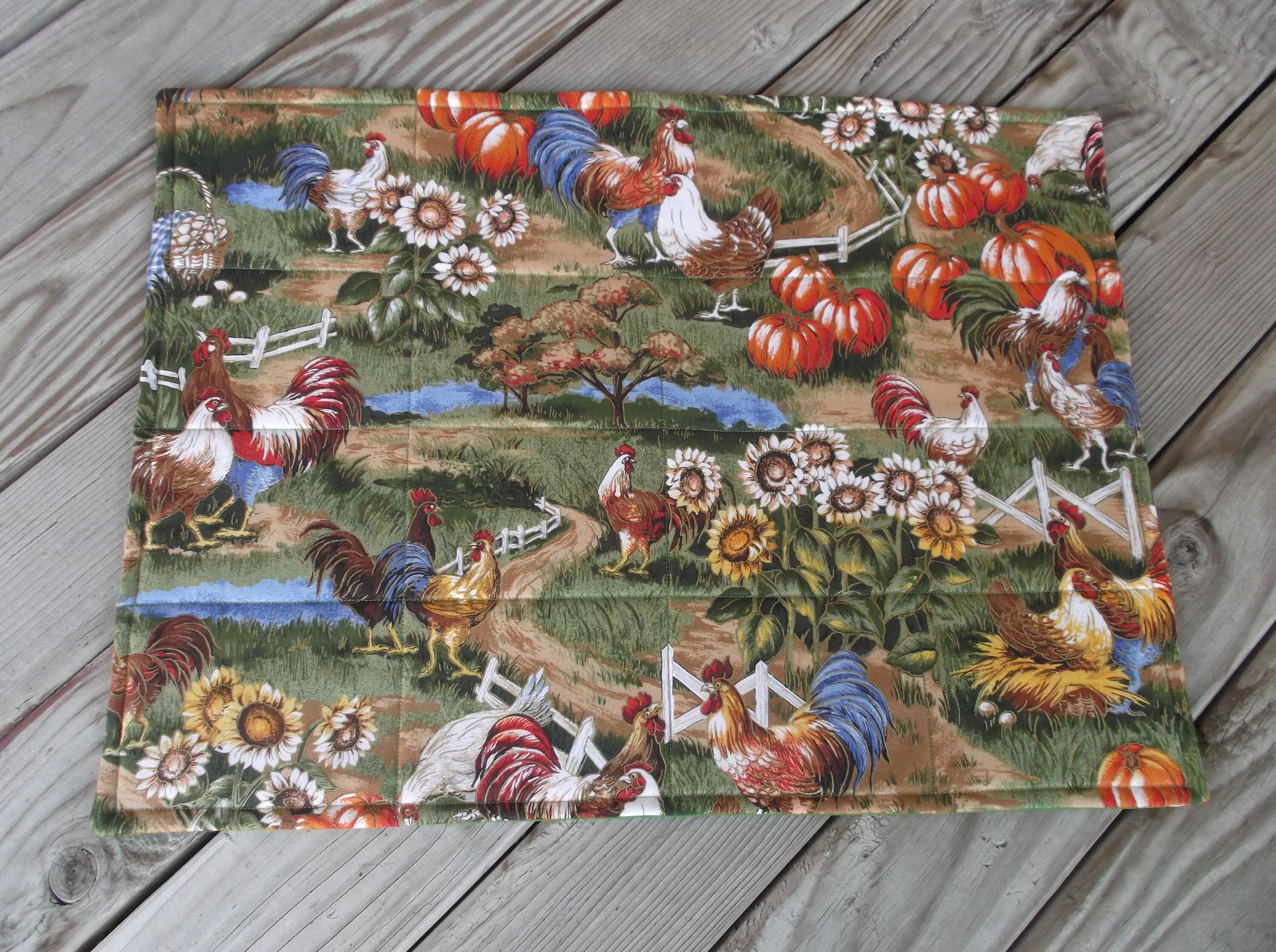 Set of 4 handmade quilted placemats Barnyard roosters