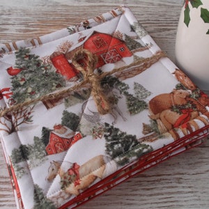 Red barn and horses cotton quilted coasters, mug or bowl coasters, winter mug rugs, stocking stuffer, under 10 dollars, set of 6
