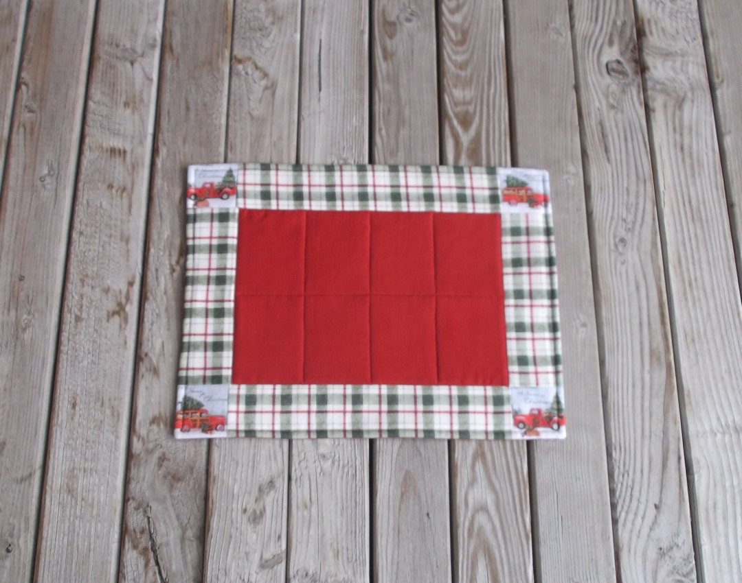 Christmas Plaid Red Truck Placemats, Cotton Quilted Placemats, Holiday