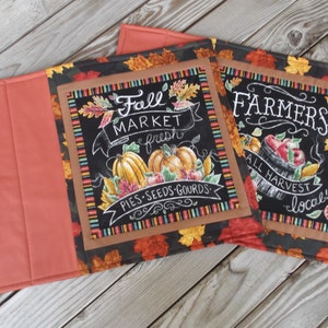 Fall Harvest chalkboard cotton placemats, farmers market handmade quilted placemat, family dinners, Thanksgiving table decor, set of 4
