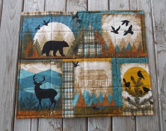 Wildlife cabin cotton table square, quilted handmade patchwork table topper, lodge decor, 17 X 20 inches