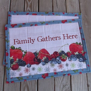 Berry cotton quilted placemats, assorted fruit kitchen decor, country kitchen decor, farmers market, fruit lover, set of 2