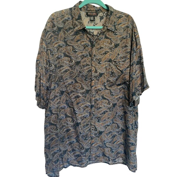 Surprise Gray & Brown Paisley 100% Silk Button Down Shirt Men's XL