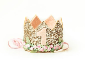 Flower Birthday Crown {Medium} | 1st Birthday Crown First Birthday Crown | Baby Birthday Crown | 1st Girl Birthday Crown | Gold + Pink Crown