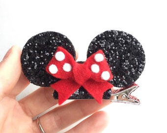 Miniature Minnie Mouse ears hair clip or headband with red bow- disney hair accessory- Mickey Mouse ears