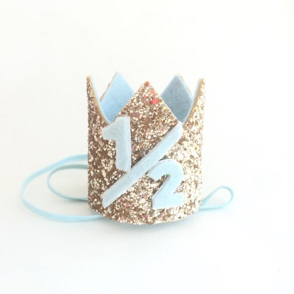 Miniature half- 1/2- 6 mois bandeau couronne d’anniversaire- bleu clair et or bébé / fille couronne d’anniversaire- choisir n’importe quel nombre