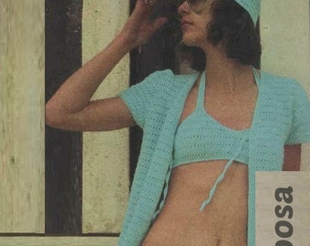 Patron pdf de tejido crochet bikini, traje de bano, blusa para cubrir el bikini y el gorro patron vintage 70s