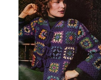 Crochet CARDIGAN Pattern Vintage 70s Granny Square Sweater Crochet Top Pattern Boho Bohemian Clothing