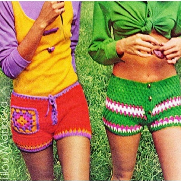 CROCHET SHORTS PATTERN Vintage 70s Crochet Gym Shorts Crochet Workout Shorts Hip Hugger Hot Pants Hippie Pants Pattern Granny Square Shorts
