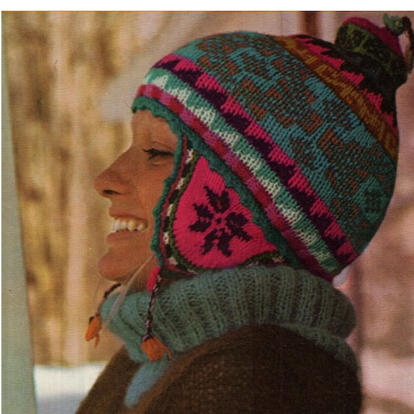 Helmet Hat Pattern Vintage 70s Ear Flap Ski Cap Ski Hat Pattern Peruvian Hat Pattern Helmet KNITTING PATTERN