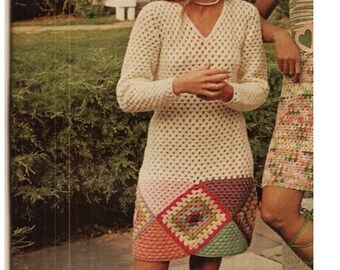 CROCHET DRESS PATTERN Vintage 70s Crochet Granny Square Dress Pattern Crochet Tunic Dress Pattern