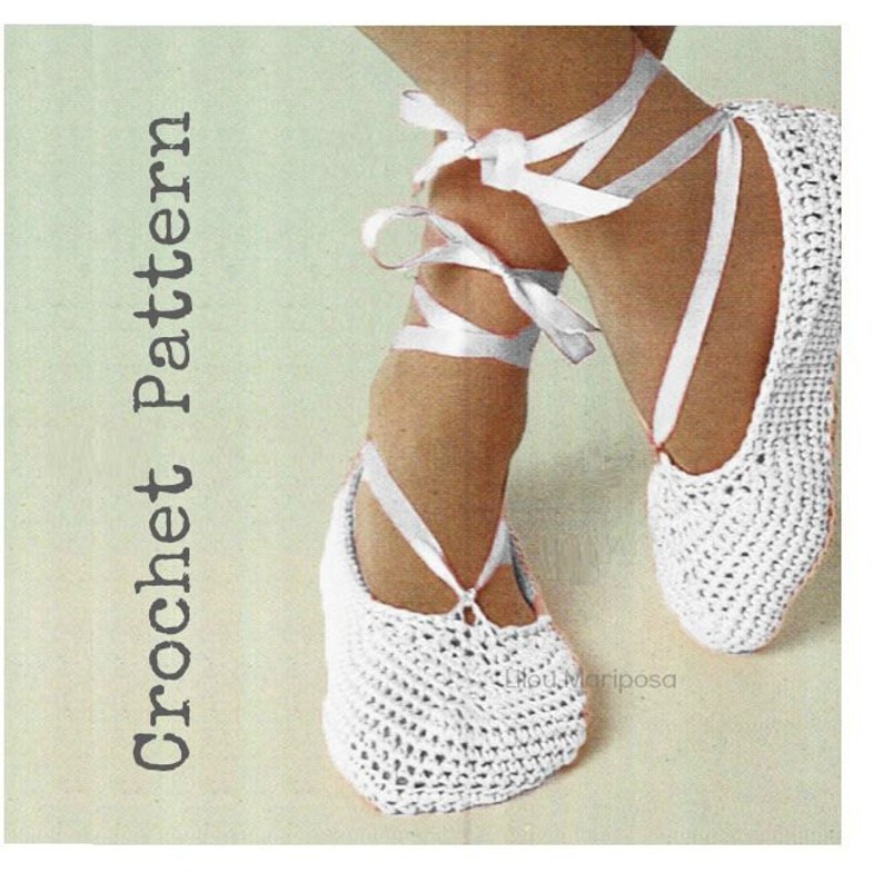 May include: White crocheted ballet slippers with white satin ribbon ties. The slippers are tied around the ankles and the ribbons are tied in bows. Crochet pattern.