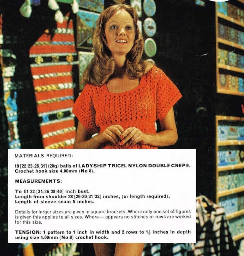 May include: A crochet pattern for a red top with instructions for sizes 32 to 40 inches bust. The pattern uses LadyShip Tricel Nylon Double Crepe yarn and a 4.00mm crochet hook.