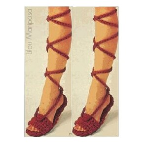 May include: Two images of a foot wearing a red crochet sandal with a strap that wraps around the ankle and calf. The sandal has a textured sole and a decorative flower on the toe. The text "Lilou Mariposa" is in the upper left corner.