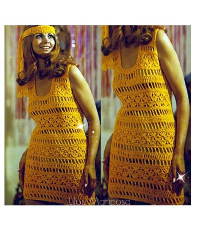 May include: A yellow crochet mini dress with a sleeveless design and a scoop neckline. The dress is made with a delicate openwork pattern.