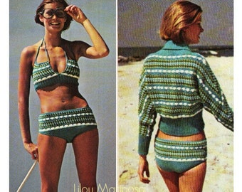 Crochet BIKINI Pattern Vintage 70s Bikini and Sweater Beach Cover Crochet Top Pattern Bohemian Clothing crochet instructions