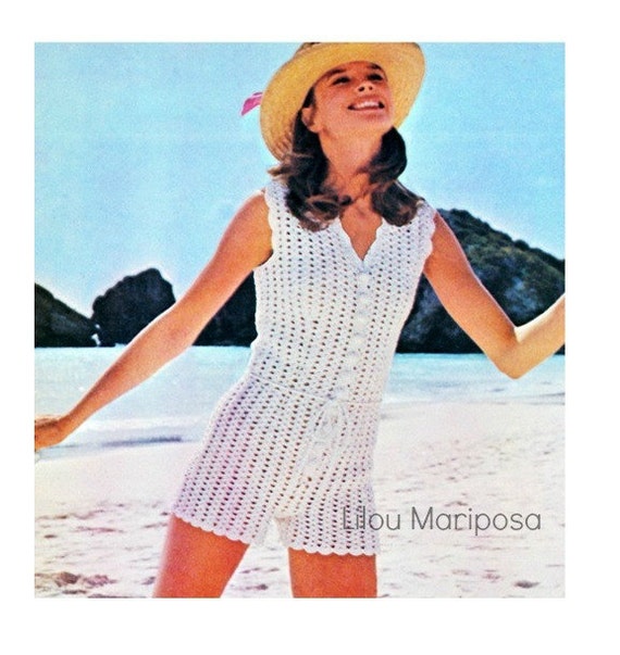 Crochet Pattern Vintage 70s Beach Romper Lacy Hot Pants Summer